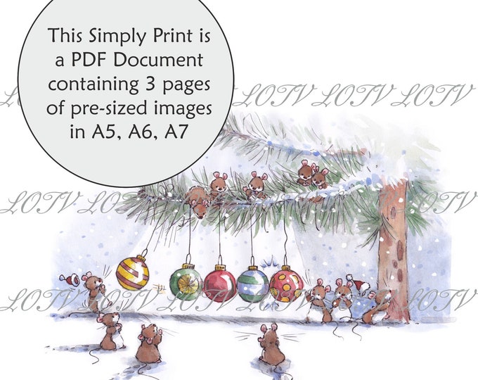 Lili of the Valley Full Colour Simply Print - IH - Christmas Mice Baubles, 3 Page PDF Ready to Print Document, Digital