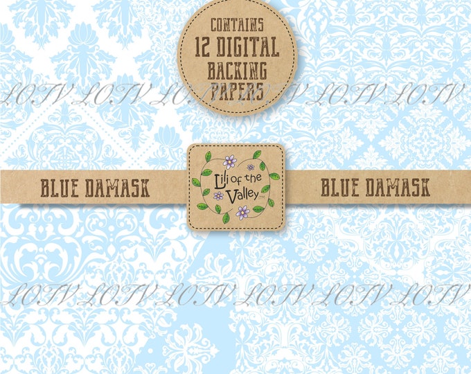 Lili of the Valley Backing Paper Set - AP - Blue Damask, JPEG, Digital