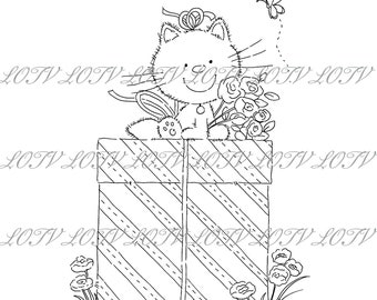 Lili of the Valley Digi Stamp - IH - Present Kitty, JPEG, Kitten, Cat, Digital