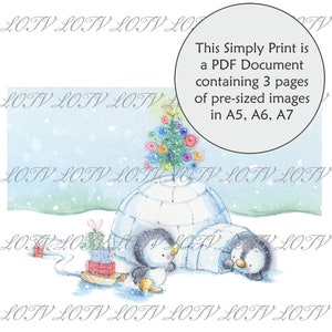 May include: A watercolor illustration of two penguins standing near a white igloo with a Christmas tree on top. The penguins are wearing black and white and have red beaks. The igloo is decorated with a red and white striped door. The Christmas tree is decorated with colorful ornaments and a star on top. The background is a light blue sky with white snowflakes.