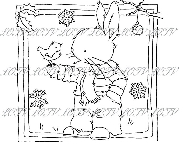 Lotv Digi Stamp - KG - Sweet Bunny and Robin, Jpg, Christmas, Festive, Noel, Digital, Artwork