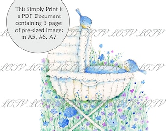 Lili of the Valley Full Colour Simply Print - Baby Blue Cradle, Baby, Birth, 3 Page PDF Ready to Print Document, Digital