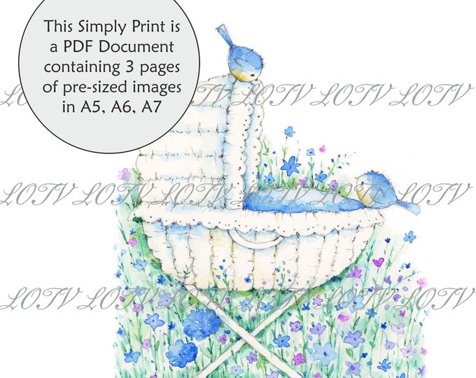 Lili of the Valley Full Colour Simply Print - Baby Blue Cradle, Baby, Birth, 3 Page PDF Ready to Print Document, Digital