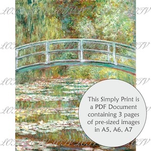 May include: A painting depicting a white bridge spanning a pond with water lilies. The bridge is constructed from wood and features a white railing. The pond is bordered by verdant trees and shrubs. The water is a pale blue hue and white water lilies are scattered across the surface.