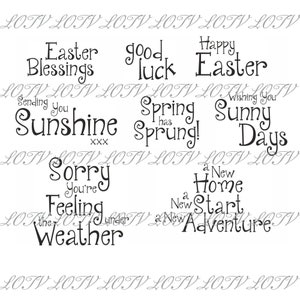 Op de afbeelding: Zwart-wit typografisch ontwerp met verschillende zinnen, waaronder "Easter Blessings", "Good Luck", "Happy Easter", "Sending You Sunshine", "Spring Has Sprung", "Wishing You Sunny Days", "Sorry You're Feeling Under The Weather", "A New Home", "A New Start", "A New Adventure".