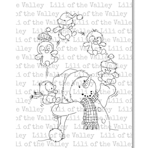Puede incluir: Ilustración en blanco y negro de un muñeco de nieve rodeado de personajes de dibujos animados con gorros y bufandas de invierno. El texto "Lili of the Valley" se repite en el fondo.