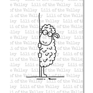 May include: A black and white cartoon illustration of a sheep holding a vertical line. The sheep has large, round eyes and a fluffy body. The background features the repeated text "Lili of the Valley".