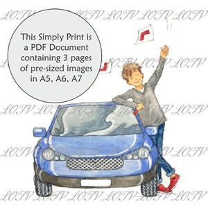 以下が含まれることがあります： 青い車と、その横に立っている人がいます。その人は、「L」と書かれた赤と白の看板を持っています。画像の左上隅には、円の中に「This Simply Print is a PDF Document containing 3 pages of pre-sized images in A5, A6, A7」というテキストがあります。