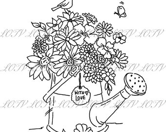 Lili of the Valley Digi Stamp - CG - Watering Can - JPEG, Bear with Flowers, Digital Artwork