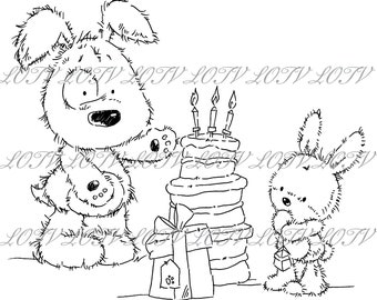 Lili of the Valley Digi Stamp - CG - Jack Patch and Puss Giant Cake, JPEG, Dog, Bunny, Birthday, Digital