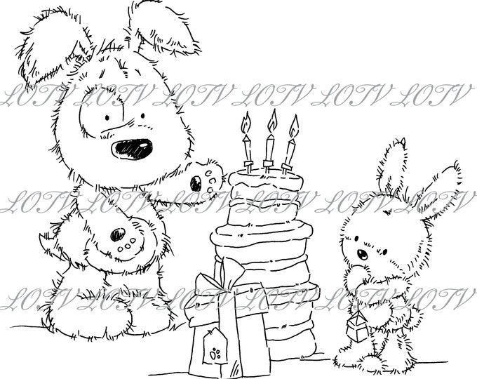 Lili of the Valley Digi Stamp - CG - Jack Patch and Puss Giant Cake, JPEG, Dog, Bunny, Birthday, Digital