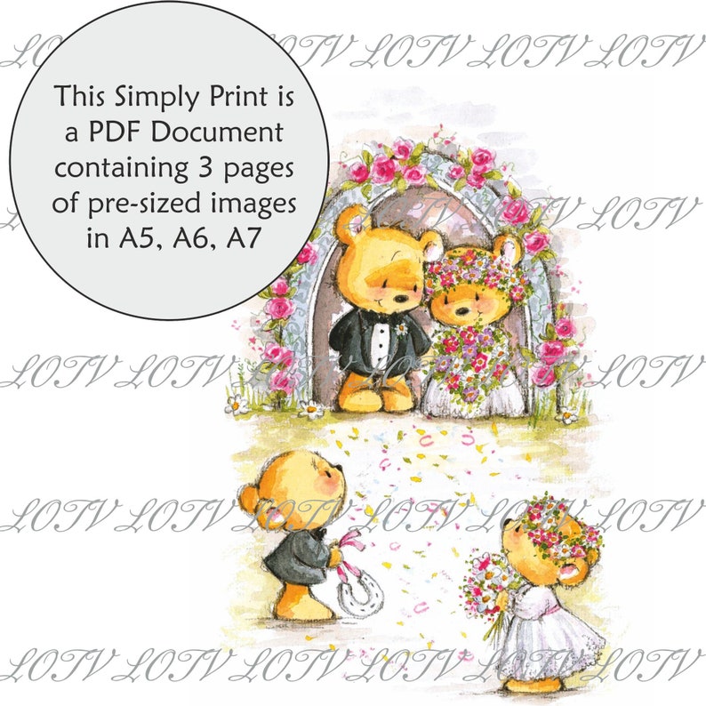 Digital Cute Lili of the Valley Full Colour Simply Print GC Wedding Bears Rose Bower 3 Page PDF Ready to Print Document