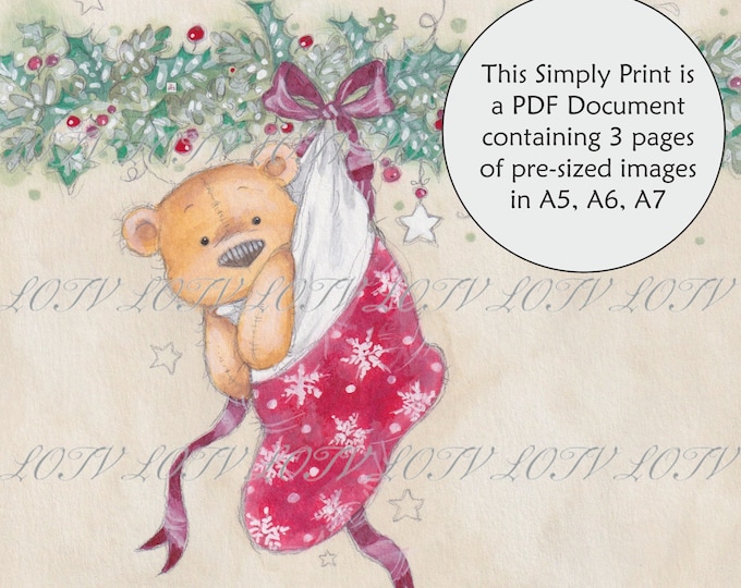 LOTV Full Colour Simply Print - AS - Teddy in Stocking, 3 Page PDF, Digital