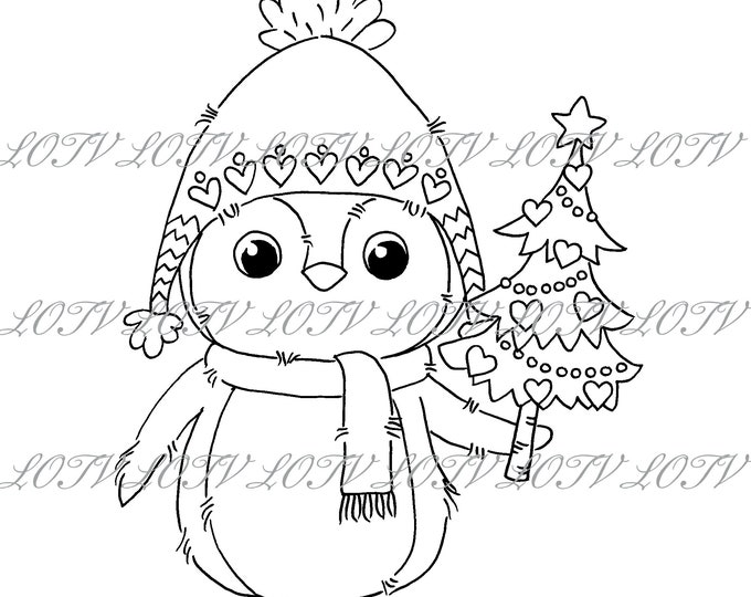 Lili of the Valley Digi Stamp - Penguin and Tree, JPEG, Christmas, Xmas, Noel, Festive, Snow, Digital