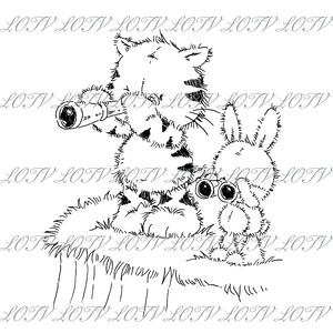 May include: A black and white line drawing of a cat and a rabbit. The cat is holding a telescope and looking through it. The rabbit is looking at the cat. The cat and rabbit are sitting on a grassy hill.