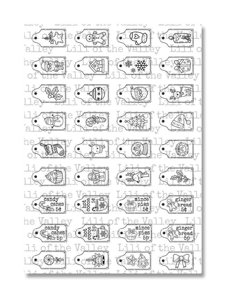 May include: A set of 24 printable Christmas gift tags featuring various holiday themes, including candy canes, gingerbread, hot cocoa, and mince pies. Each tag includes a price and the text "Lili of the Valley".