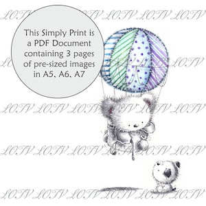 May include: A black and white illustration of a teddy bear holding onto a hot air balloon. The balloon is blue, green, and purple with white polka dots. The teddy bear is wearing a scarf and a hat. A small black and white dog is standing on the ground looking up at the teddy bear.