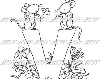 Lotv Digi Stamp - KG - Letter V - Tea Party Initials, Jpg, Mice, Alphabet, Digital, Artwork