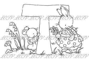 Lotv Digi Stamp - KG - Letter T - Tea Party Initials, Jpg, Rabbit and Mouse, Alphabet, Digital, Artwork