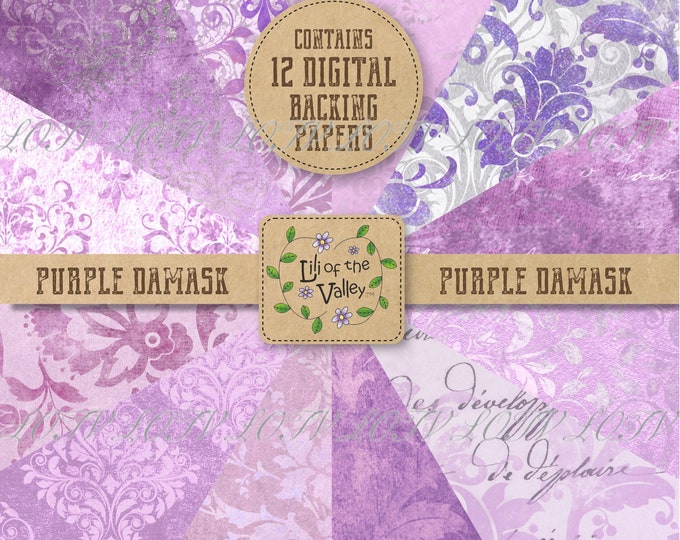 Lili of the Valley Backing Paper Set - KR - Purple Damask, JPEG, Digital