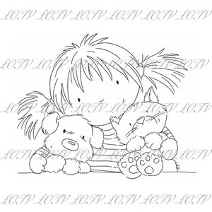 May include: A black and white line drawing of a girl with pigtails holding a dog and a cat. The girl is smiling and the animals are looking at her.