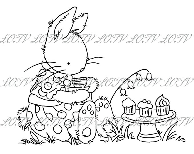 Lotv Digi Stamp - KG - Tea Party Rabbit Having Tea - Jpg, Rabbit, Digital, Artwork