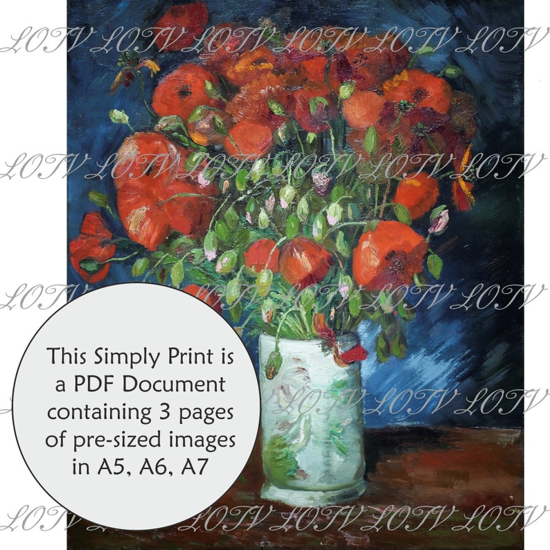 LOTV Full Colour Simply Print Poppies in a Vase Vincent Van Gogh 3 Page PDF image 1