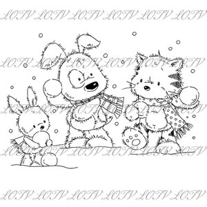 Sello digital LOTV - CG - Jack, Patch y Puss pelean con bolas de nieve, JPEG, Navidad, Noel, Festivo, Digital