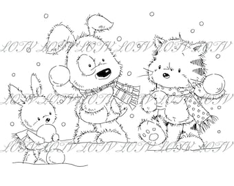 Lili of the Valley Digi Stamp - CG - Jack, Patch and Puss Snowball Fight, JPEG, Christmas, Xmas, Noel, Festive, Digital