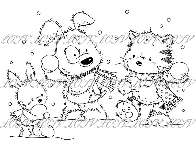 Lili of the Valley Digi Stamp - CG - Jack, Patch and Puss Snowball Fight, JPEG, Christmas, Xmas, Noel, Festive, Digital