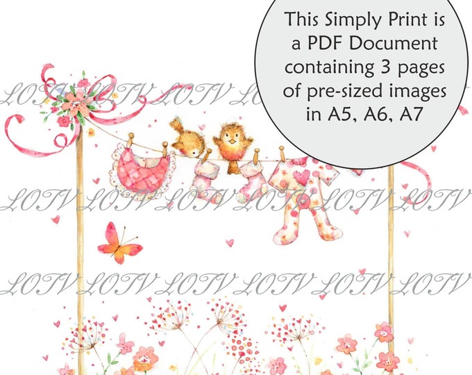 Lili of the Valley Full Colour Simply Print - Baby Pink Washing Line, 3 Page Ready to Print PDF Document, Digital