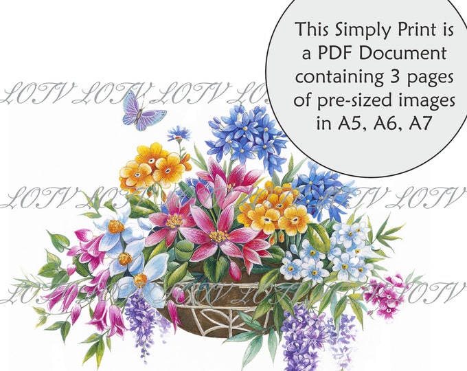 Lili of the Valley Full Colour Simply Print - Hanging Basket, Flowers, English Garden, 3 Page PDF Ready to Print Document, Digital