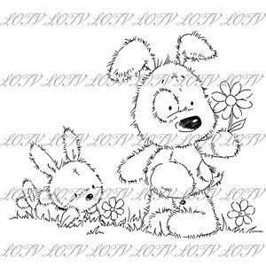 May include: A black and white line drawing of a cartoon dog holding a flower and a rabbit sitting in the grass.
