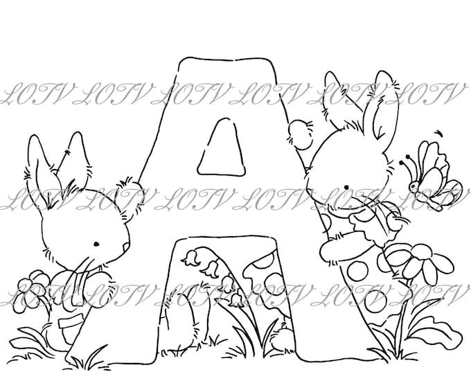 Lotv Digi Stamp - KG - Letter A - Tea Party Initials, Jpg, Rabbits, Alphabet, Tea and Cake, Digital, Artwork