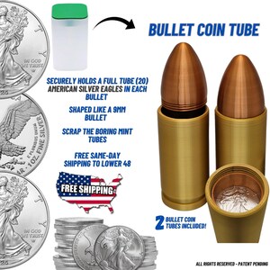 May include: Two gold-colored bullet-shaped coin tubes with a silver American Eagle coin visible inside one of the tubes. The tubes are labeled "Bullet Coin Tubes" and "2 Bullet Coin Tubes Included!" The image also shows a stack of silver American Eagle coins and a clear plastic tube with a green lid.