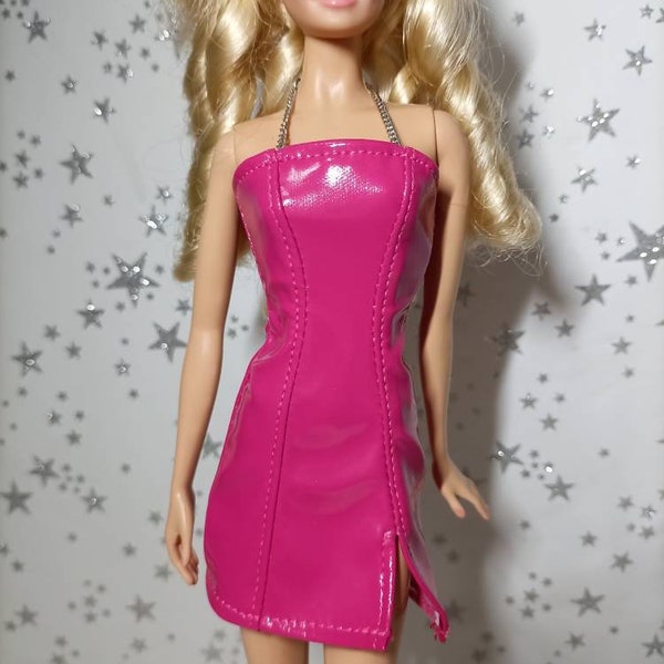Pink Patent Fabric Mini Dress with Chain Straps