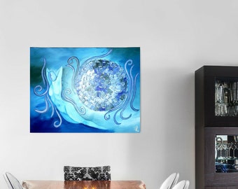 AZURE AMBIENCE • Acrylic Painting • Sky vs. Water • SURREAL• Flower • Moon • Womanhood • Beauty •  Flying • Calming