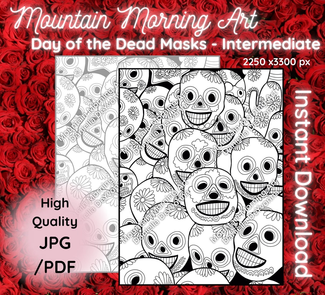 Day of the Dead Masks Coloring Page B&W and Grayscale - Etsy