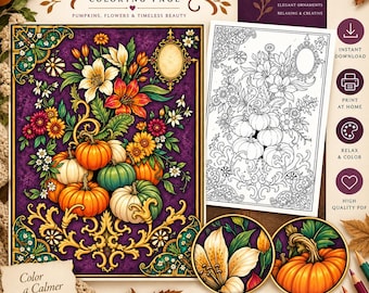 Autumn Blooms Coloring Page | Pumpkin & Floral Printable Art | Adult Coloring Page | Instant Download | Gothic Botanical Coloring
