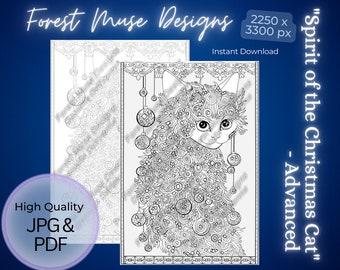SPIRIT of the CHRISTMAS CAT • Coloring Page • Feline • b&w and Grayscale • Hand Drawn