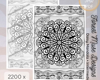 DAISY MANDALA • Fresh Designs • Beach Floral Explosion • Coloring Page • b&w and Grayscale • Hand Drawn