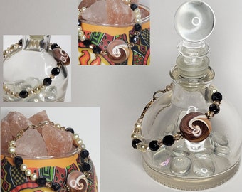 COFFEE DELIGHT Bracelet • Hand Crafted • FIMO • Fresh Water Pearls • Swarovski Crystals • 8"