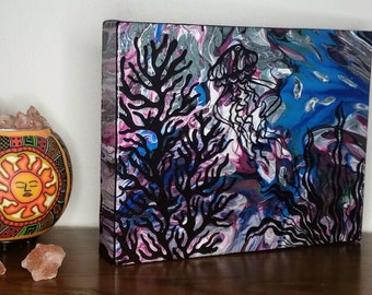 Sea meditation, blue, jellyfish, Pour painting, coral, silhouette, ooak. Great gift! Ocean life and preservation.