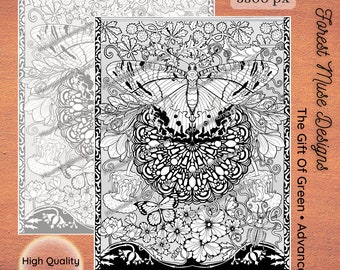 The Gift of Green * Advanced • Floral Explosion • Coloring Page • B&W and Grayscale • Hand Drawn