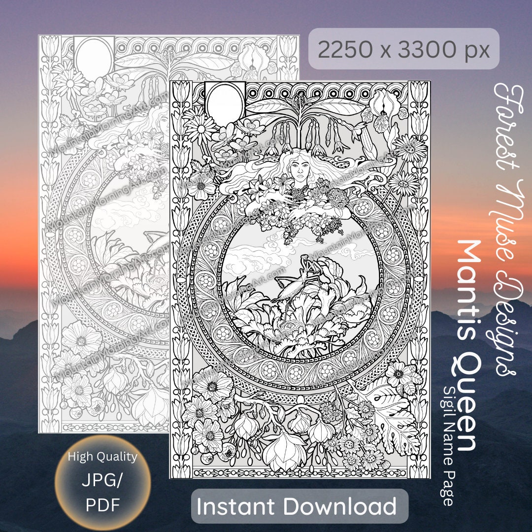 PRAYING MANTIS QUEEN Coloring Page Feminine B&w and Grayscale Hand