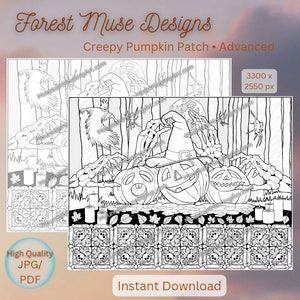Könnte beinhalten: Eine Schwarzweiß-Zeichnung zum Ausmalen mit einer gruseligen Kürbisfeld-Szene mit drei Kürbissen, einem Hexenhut, Skeletthänden und einem fliegenden Geist. Der Text "Creepy Pumpkin Patch - Advanced" befindet sich oben auf der Seite.