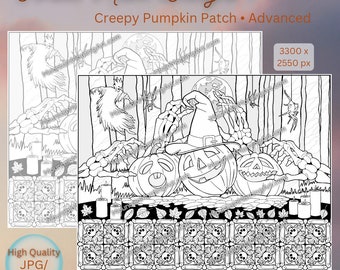 CREEPY PUMPKIN PATCH • Advanced • Skelton Hands and Creepy Elements • Coloring Page • b&w and Grayscale • Hand Drawn