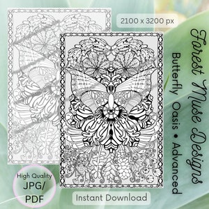 Oasis Butterfly Mandala • Coloring Page • B&W and Grayscale • Hand Drawn