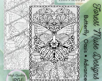 Oasis Butterfly Mandala • Coloring Page • B&W and Grayscale • Hand Drawn