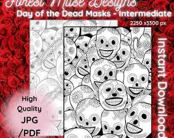 DAY Of The DEAD MASKS • Coloring Page • b&w and Grayscale • Hand Drawn • Fantastic Color Palette Fun!